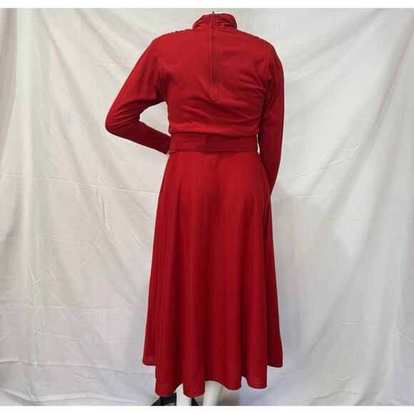 Vintage 80s Red Dress Women's 12 Belted Long - Picture 3 of 16